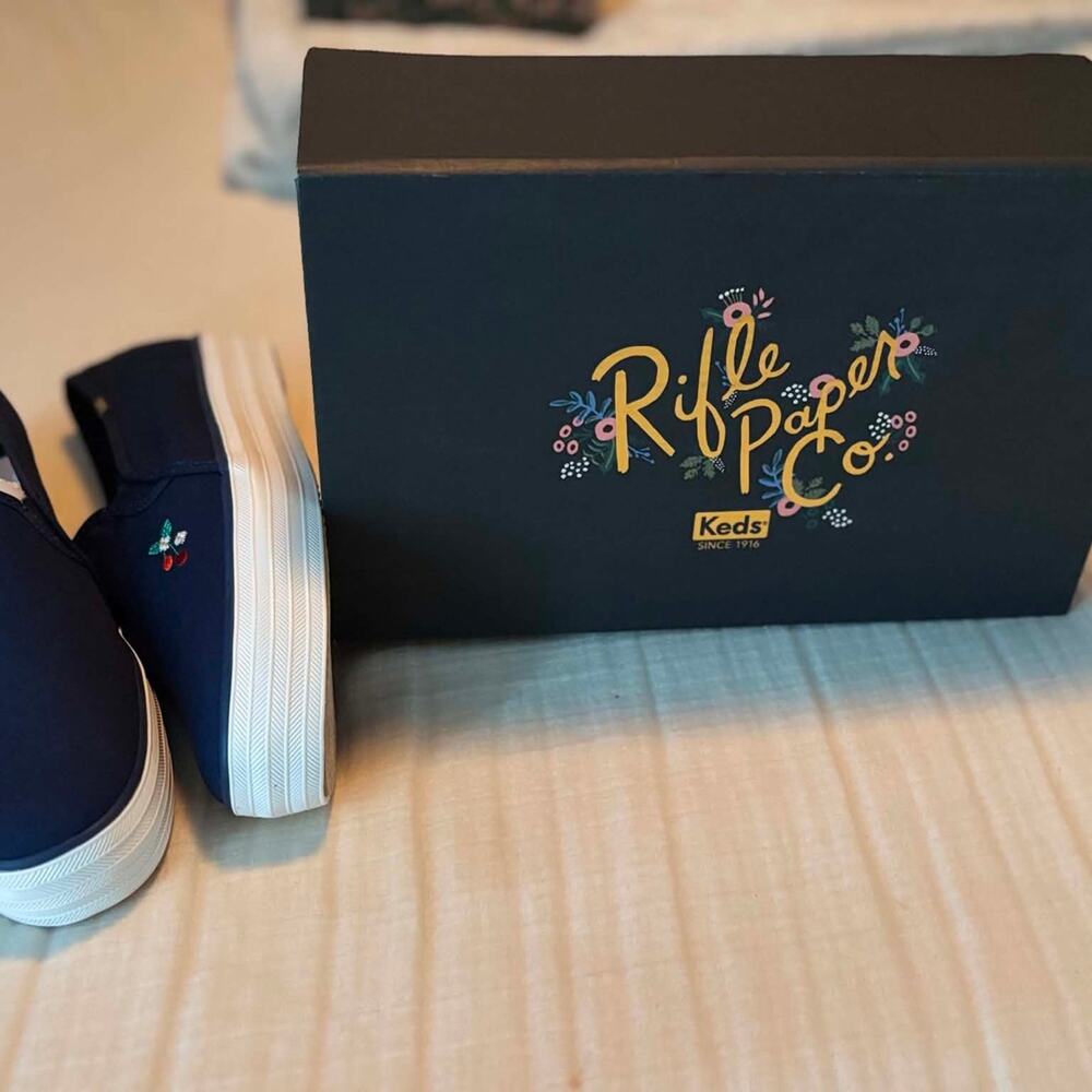 Keds x Rifle Paper Co. Triple Decker Cherry Slip-On Sneakers Navy US 8.5 M - Picture 2 of 10